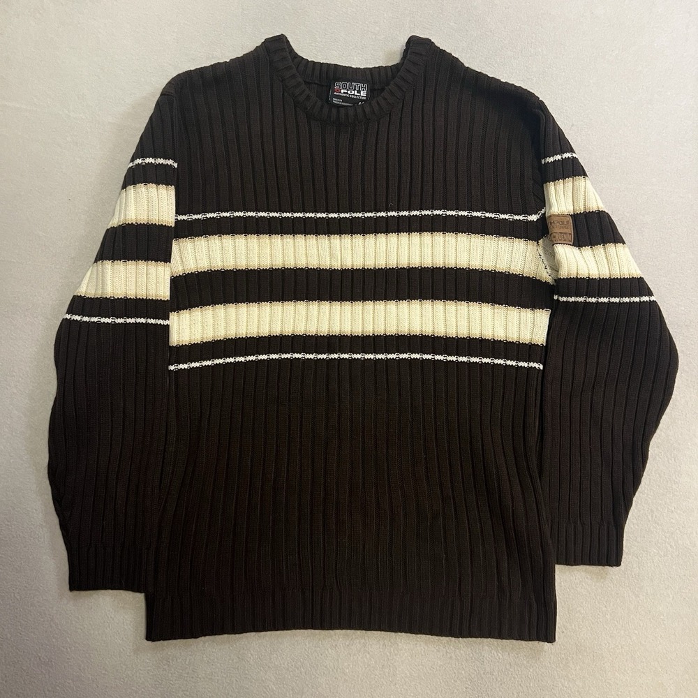 VTG Southpole Sweater Men's Medium Brown Stripe  Ribbed Knit Pullover Skater Y2K